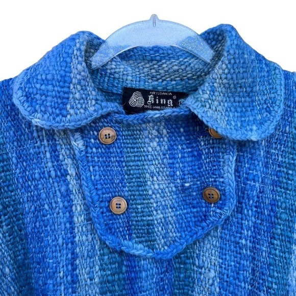 Handmade 100% Wool Fringe Poncho Artesania King Uruguay Blue Stripe Woven Medium - Picture 6 of 13